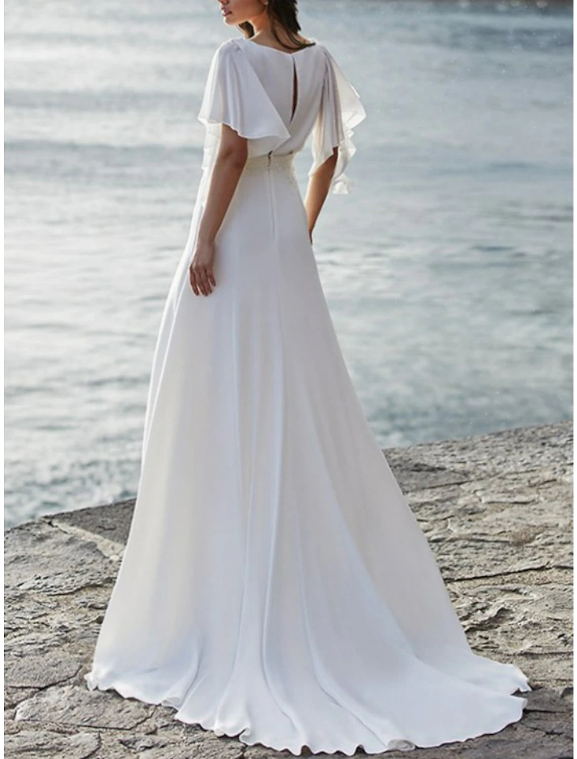 Robes de mariée de plage pour femmes mûres, coupe trapèze, col en V, manches courtes, traîne courte, en mousseline, avec plis et fronces