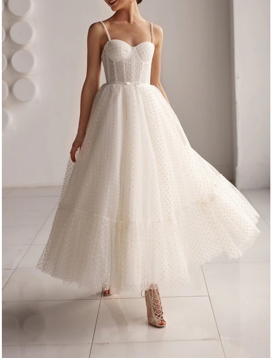 Empfang Kleine weiße Kleider Brautkleider A-Linie Herzausschnitt Camisole Spaghettiträger Knöchellang Tüll Brautkleider mit Schleife(n)