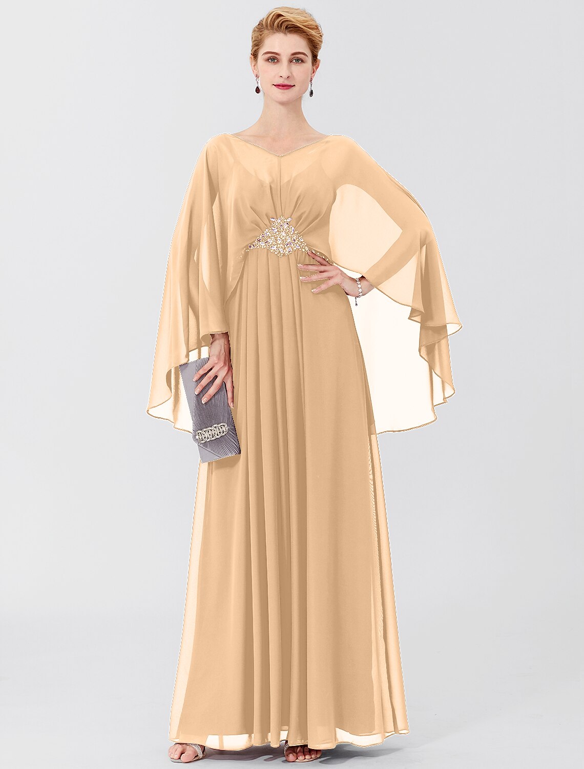 Etuikleid/Säulenkleid für die Mutter der Braut, formell, elegant, klassisch und zeitlos, elegant und luxuriös, V-Ausschnitt, bodenlang, Chiffon, lange Ärmel, mit Falten, Perlenbesatz