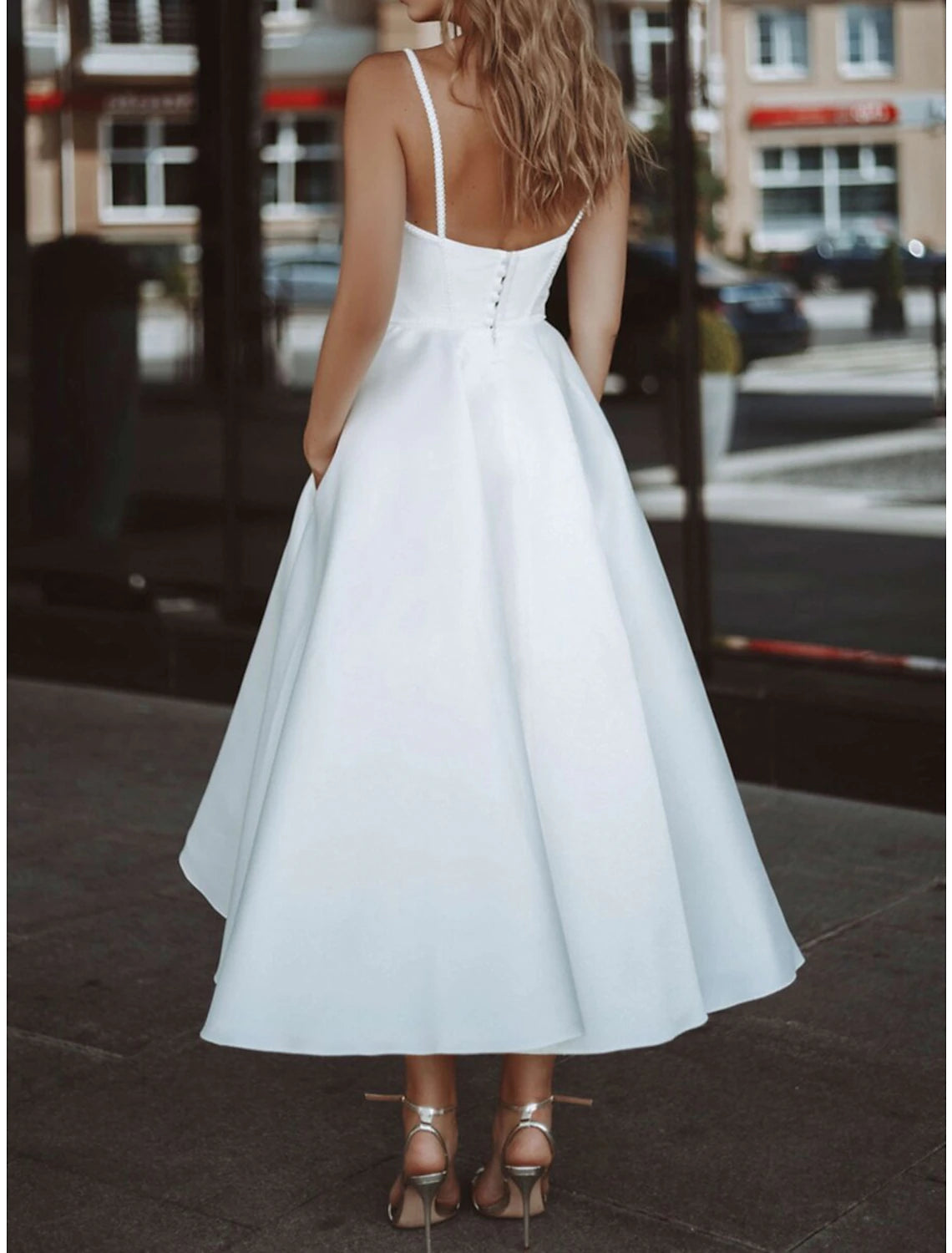 Empfang Einfache Brautkleider Brautkleider A-Linie V-Ausschnitt Langarm Tee Länge Chiffon Brautkleider Mit Falten