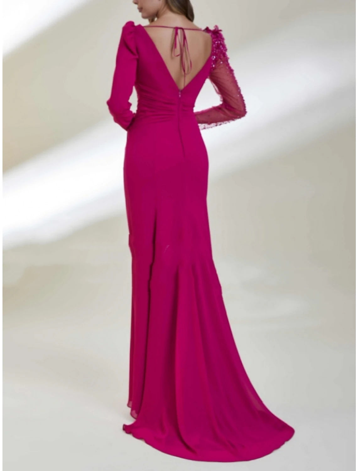 Etuikleid/Säulenkleid, elegantes Abendkleid, formell, rot, grün, Kleid mit Schleppe, lange Ärmel, Rundhalsausschnitt, Stretch-Chiffon mit Falten, gerüschte Pailletten