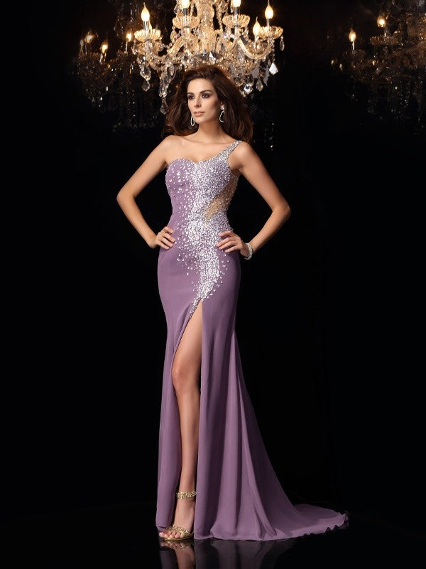 Trompete/Meerjungfrau-Linie One-Shoulder-Träger Strasssteine Ärmellos Lange Chiffon Kleider