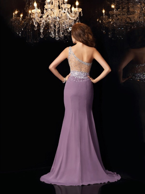 Trompete/Meerjungfrau-Linie One-Shoulder-Träger Strasssteine Ärmellos Lange Chiffon Kleider