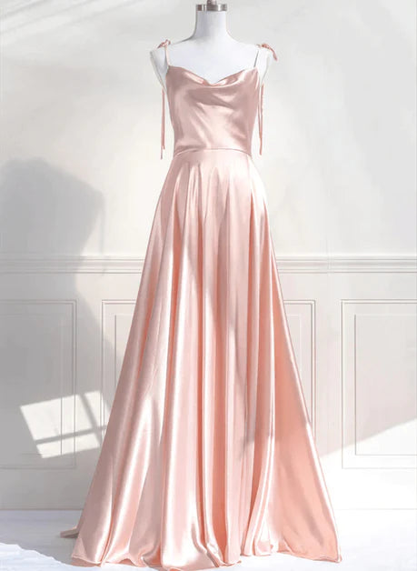 Rosa Satinkragen Krawatte A-Linie Schal langes Ballkleid, rosa Satin Schultergurt tiefem Rücken langes Abendkleid