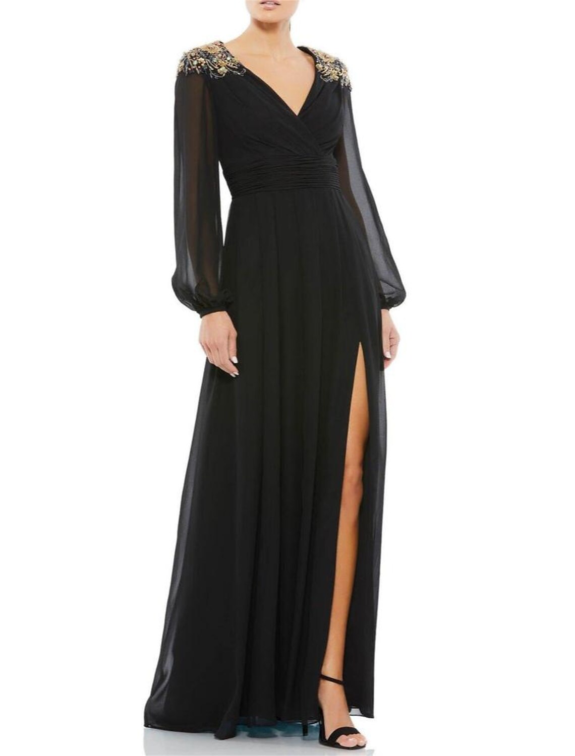 A-Linien-Kleid für die Brautmutter, Hochzeitsgast, elegant, Vintage, V-Ausschnitt, knielang, Stretch-Chiffon, lange Ärmel mit Kristallen und Perlen