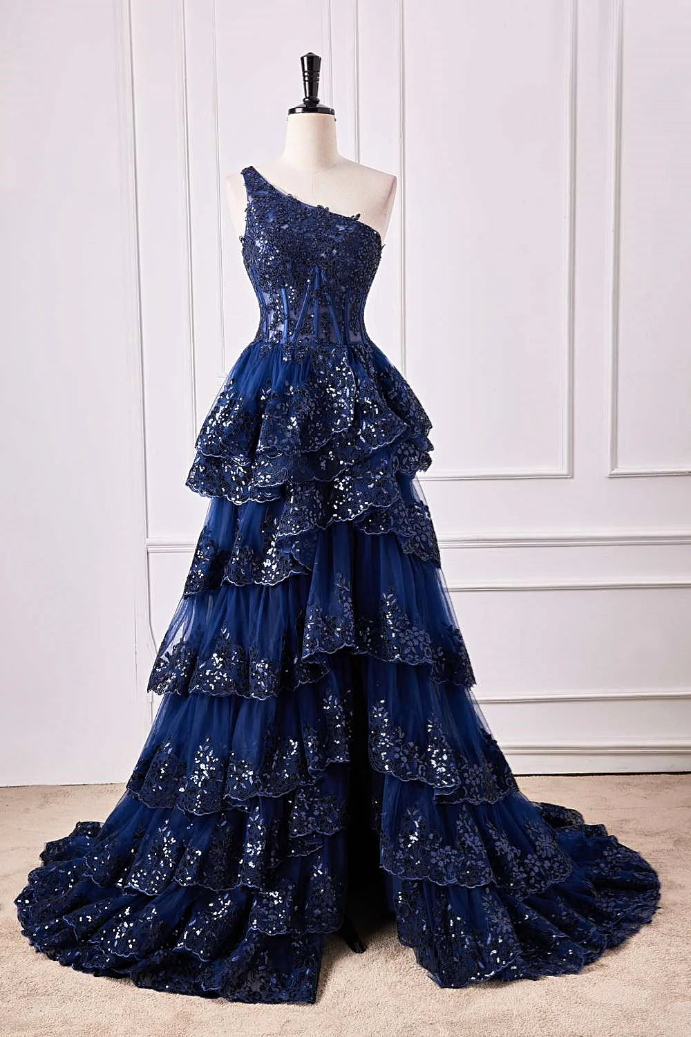 Navy‑Blue A‑Line One‑Shoulder Single‑Strap‑Back Sheer‑Corset Sequin‑Lace Ruffled‑Tulle Floor‑Length Prom Dress