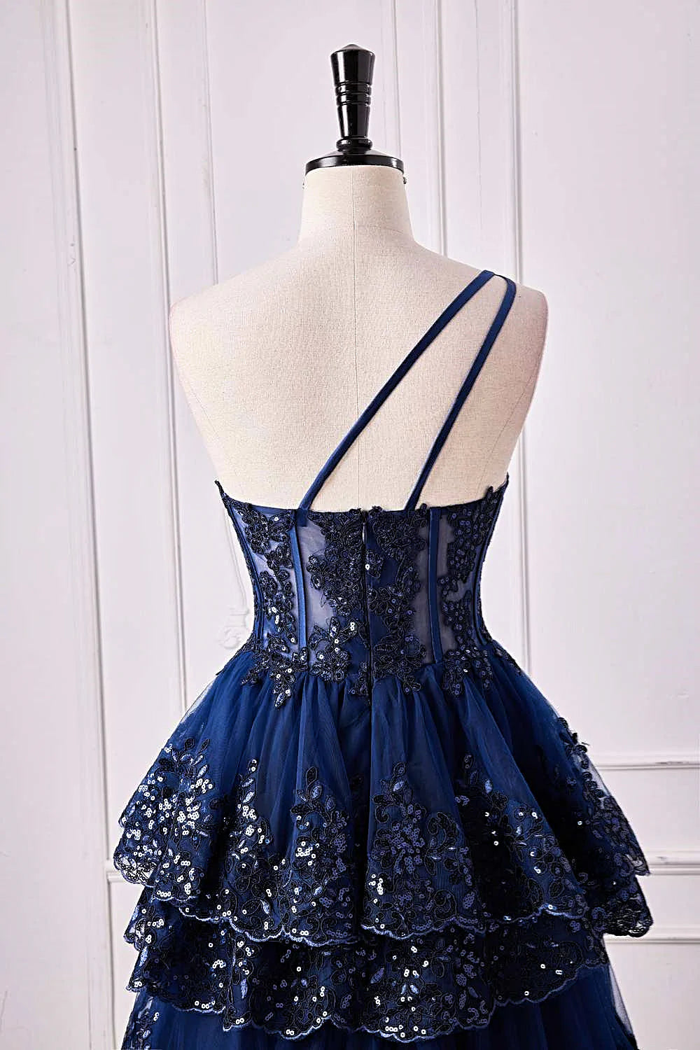Navy‑Blue A‑Line One‑Shoulder Single‑Strap‑Back Sheer‑Corset Sequin‑Lace Ruffled‑Tulle Floor‑Length Prom Dress