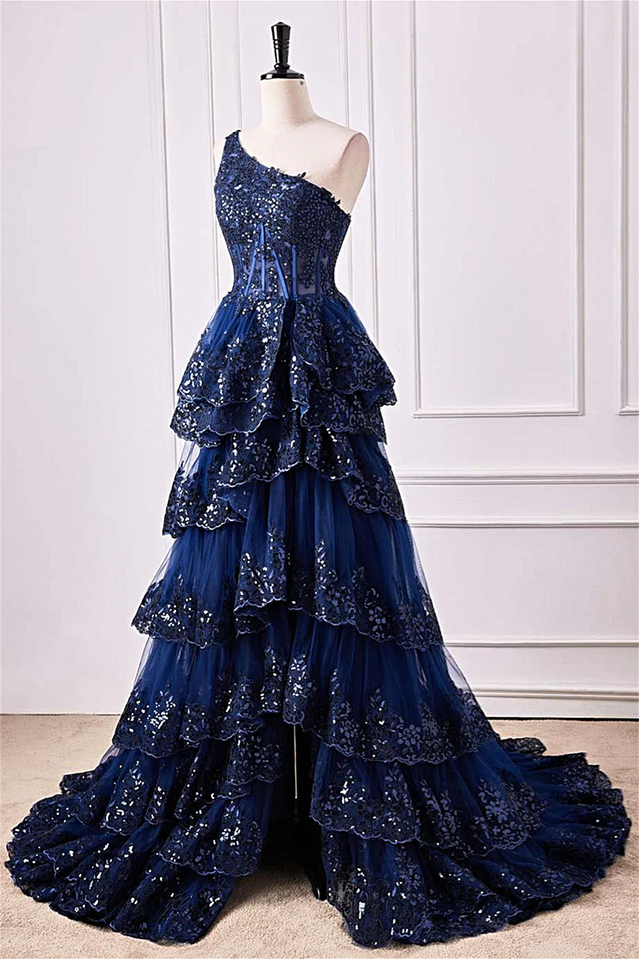 Navy‑Blue A‑Line One‑Shoulder Single‑Strap‑Back Sheer‑Corset Sequin‑Lace Ruffled‑Tulle Floor‑Length Prom Dress