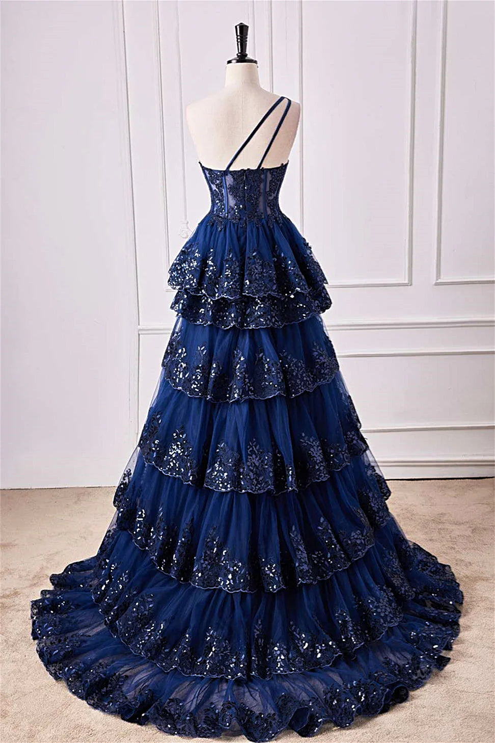 Navy‑Blue A‑Line One‑Shoulder Single‑Strap‑Back Sheer‑Corset Sequin‑Lace Ruffled‑Tulle Floor‑Length Prom Dress