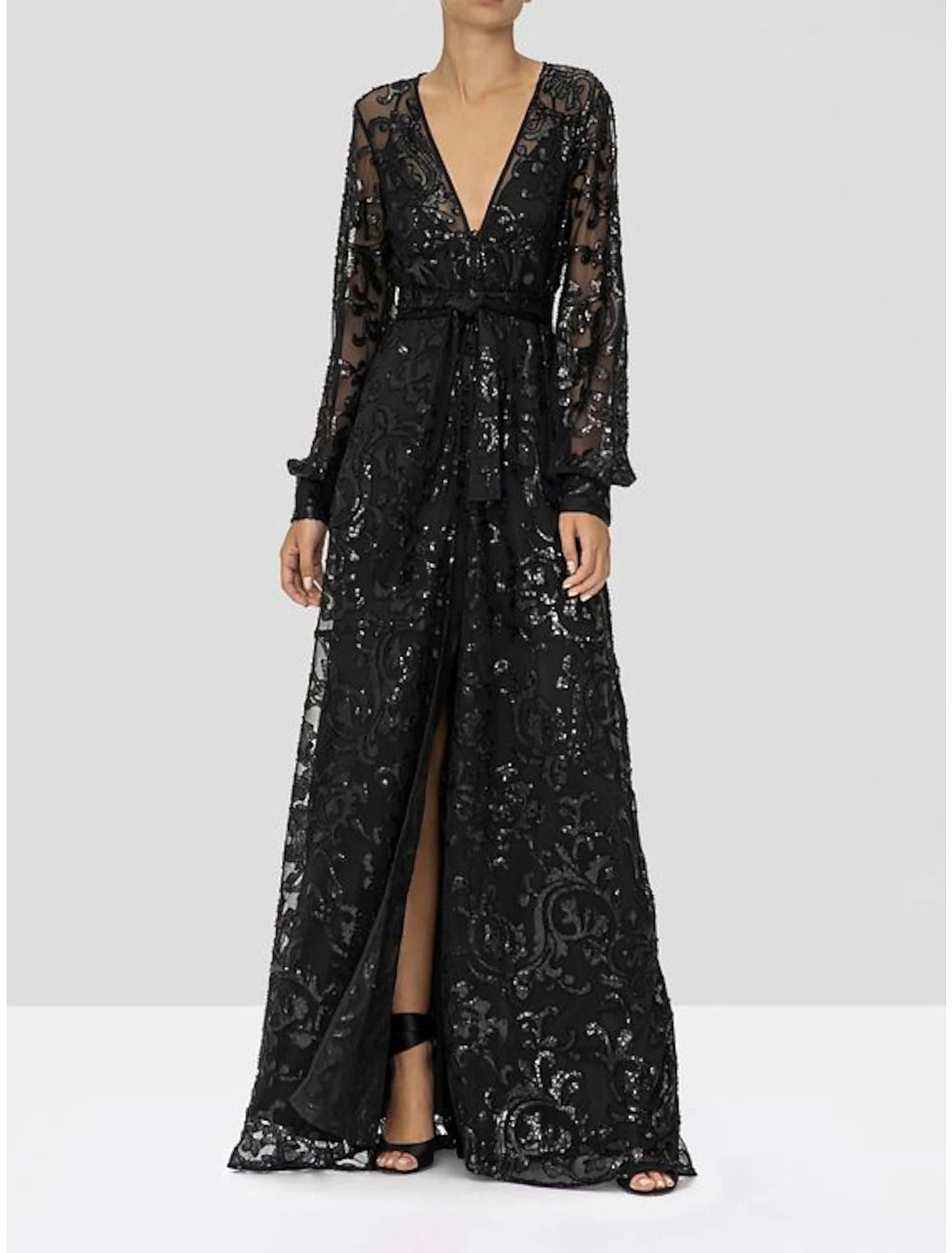 A-Linien-Kleid für die Mutter der Braut, Hochzeitsgast, elegant, funkelnd und glänzend, V-Ausschnitt, bodenlang, Spitze, Pailletten, lange Ärmel mit Pailletten-Applikationen, Schlitz vorne