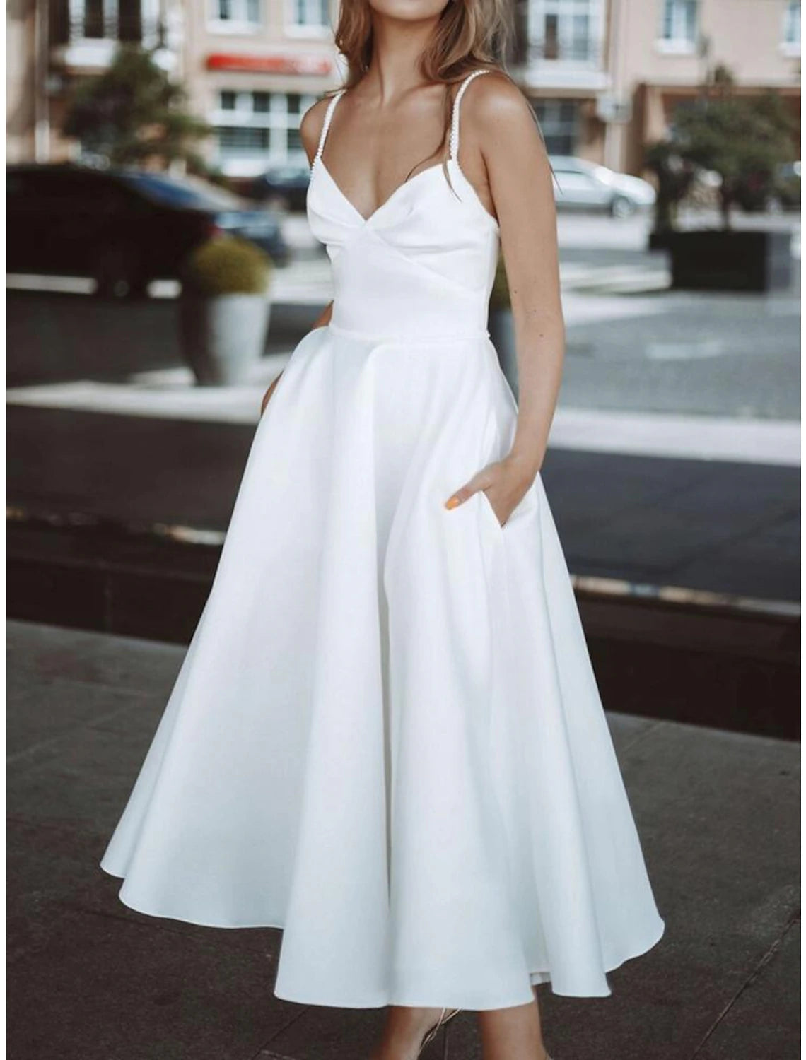Empfang Einfache Brautkleider Brautkleider A-Linie V-Ausschnitt Langarm Tee Länge Chiffon Brautkleider Mit Falten