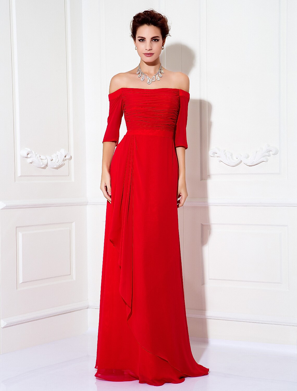 Etuikleid/Säulenkleid, minimalistisches Kleid, Hochzeitsgast, formeller Abend, Sweep/Pinselzug, halbe Ärmel, schulterfrei, Brautjungfernkleid aus Chiffon mit gerüschter Drapierung