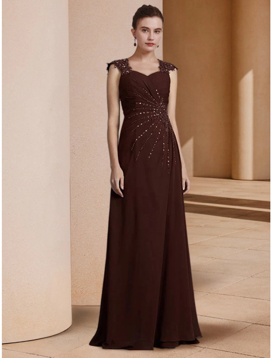 Etuikleid/Säulenkleid für die Brautmutter, elegantes U-Ausschnitt, bodenlanges Chiffon-Kleid mit langen Ärmeln und Paillettenrüschen