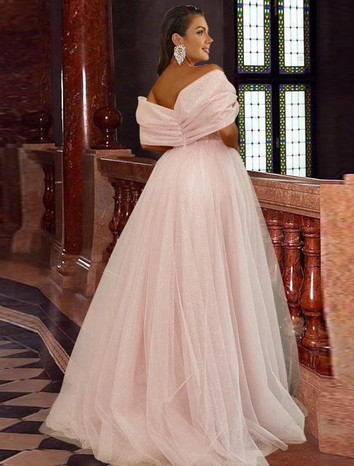 Robe de bal trapèze, corset, robe de bal, anniversaire, traîne courte, manches courtes, épaules dénudées, tulle avec plis pailletés et fente
