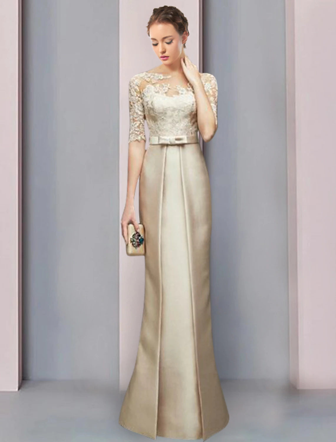 Etuikleid/Säulenkleid für die Brautmutter, Hochzeitsgast, Party, elegant, Rundhalsausschnitt, bodenlang, Satin, Spitze, halbe Ärmel mit Schleife(n), Rüschen