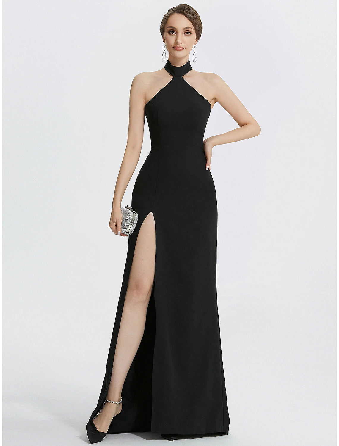 Etuikleid/Säulenkleid Abendkleid Schwarzes Kleid Hochzeitsgast Ballkleid Bodenlang Ärmellos Neckholder Stretchstoff mit Rüschen