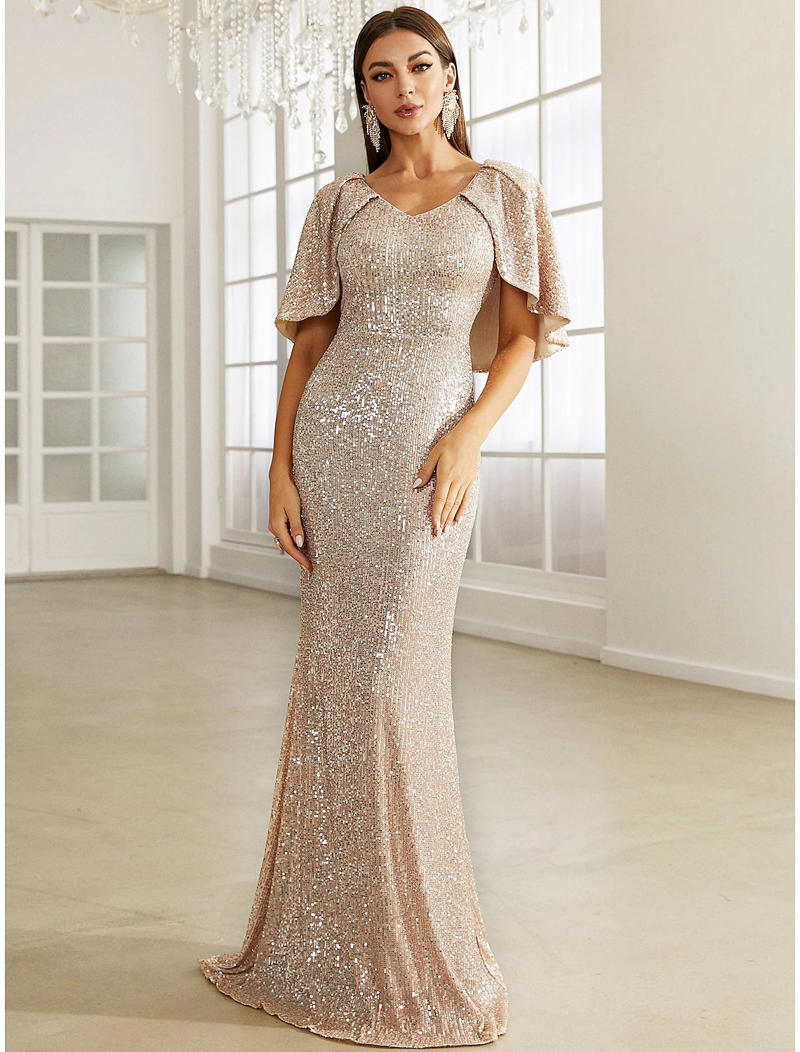 Meerjungfrau/Trompete Abendkleid Elegantes Kleid Formell Herbst Sweep/Pinsel Schleppe Halbe Ärmel V-Ausschnitt Pailletten mit Glitzer