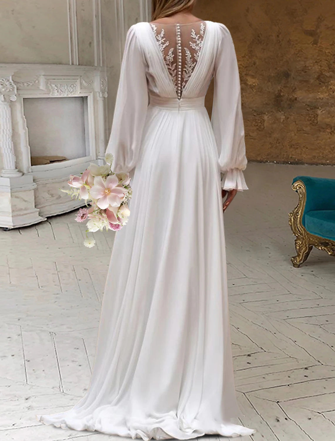 Robes de mariée blanches en mousseline de soie, coupe trapèze, col rond, manches longues, traîne courte, avec plis et appliques