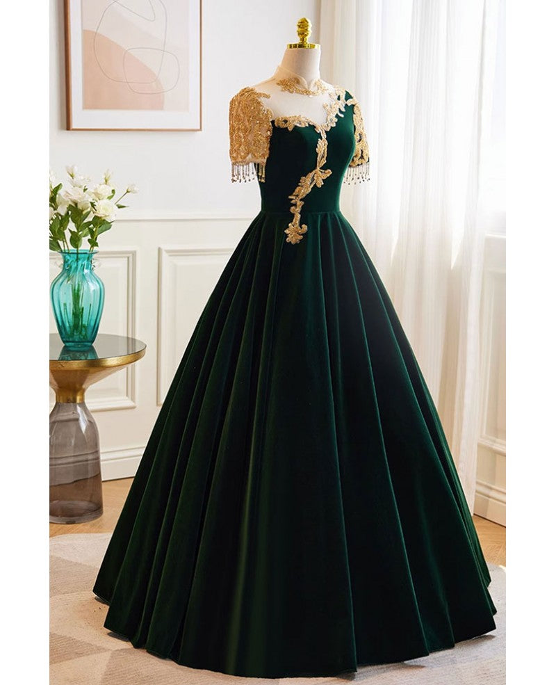 Vintage dark green velvet beaded rhinestone tassel high necked short sleeved ball dress with dark green A-line backless print and floor length evening dress
