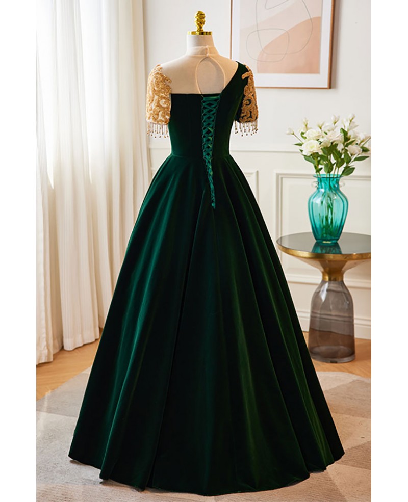 Vintage dark green velvet beaded rhinestone tassel high necked short sleeved ball dress with dark green A-line backless print and floor length evening dress