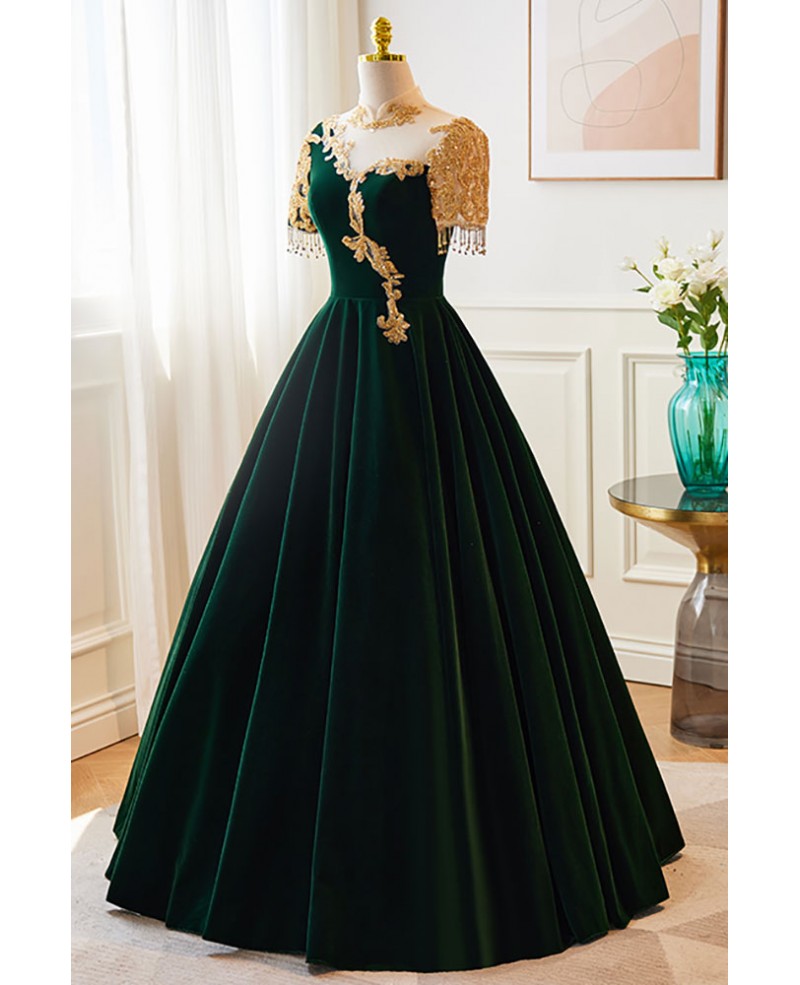 Vintage dark green velvet beaded rhinestone tassel high necked short sleeved ball dress with dark green A-line backless print and floor length evening dress