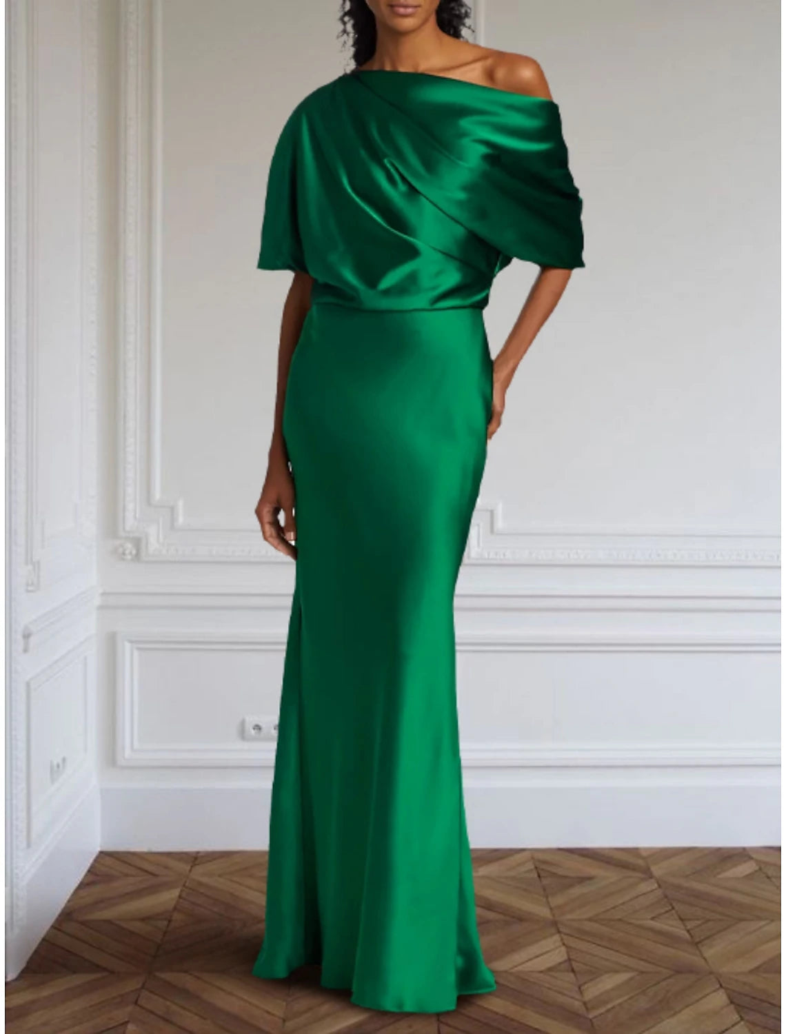 Etuikleid/Säulenkleid, formelles Abendkleid, elegantes Kleid, formelles Kleid, bodenlang, halbe Ärmel, schulterfrei, Satin mit Falten, gerüscht