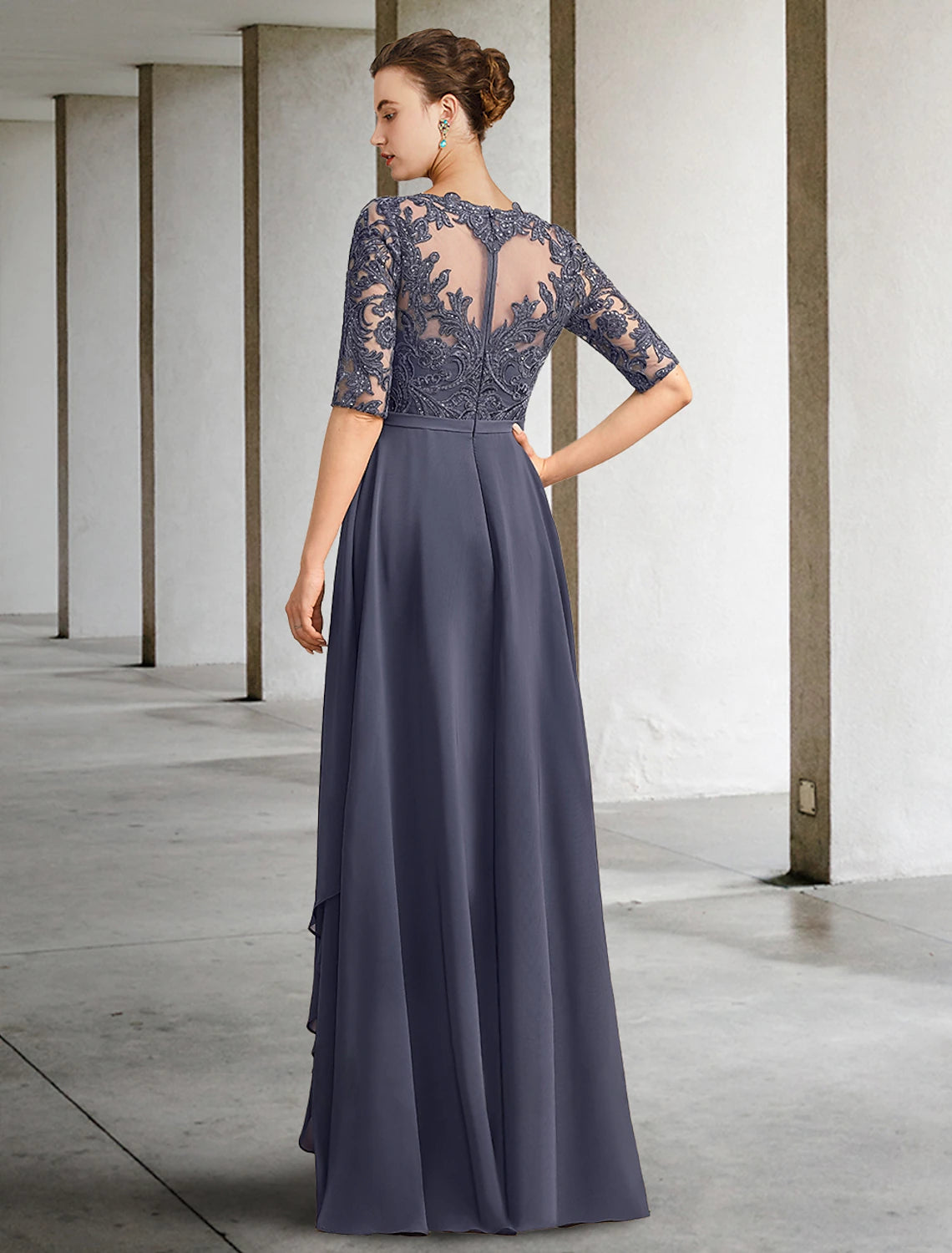 A-Linie Kleid für die Brautmutter, formeller Hochzeitsgast, elegant, U-Ausschnitt, bodenlang, Chiffon, Spitze, halbe Ärmel, mit Schleife(n), Pailletten