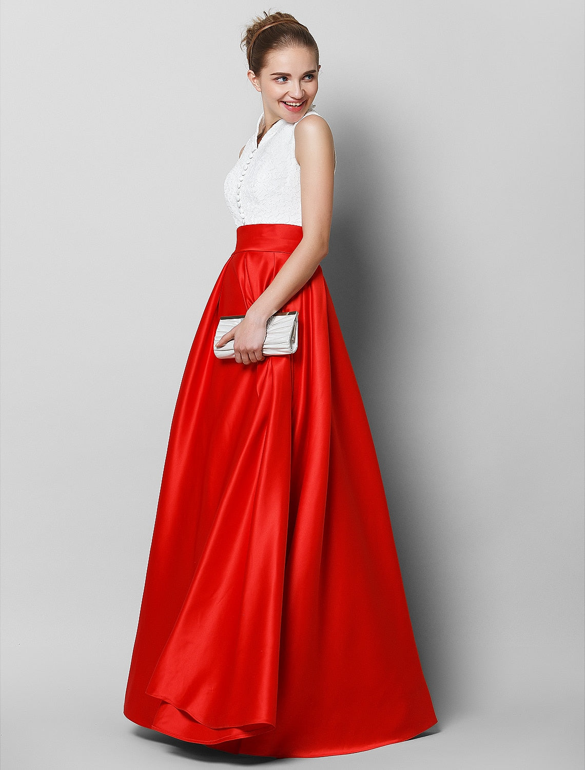 Robe de soirée trapèze élégante et luxueuse, couleur unie, col montant, sans manches, longueur au sol, en dentelle et plis