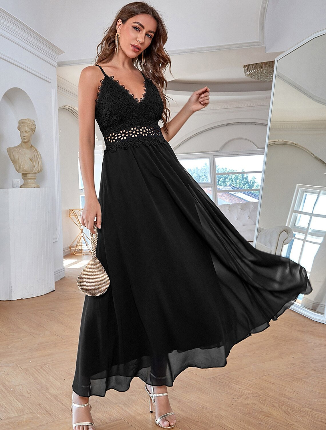 A-Linie, elegantes Vintage-Partykleid, formelles Abendkleid, V-Ausschnitt, ärmellos, knöchellang, Chiffon mit Pailletten, reine Farbspleißung