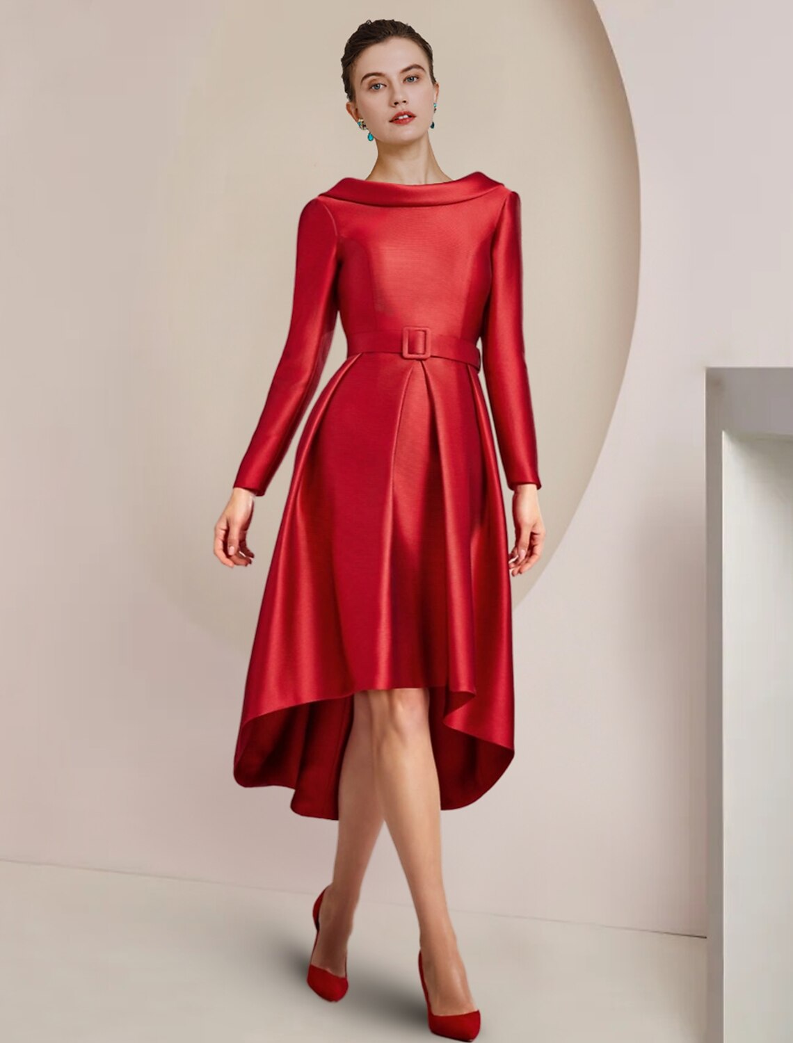 A-Linien-Kleid für die Mutter der Braut, für Hochzeitsgäste, Partys, elegant, hoch und tief, U-Ausschnitt, asymmetrisch, knielang, Satin, lange Ärmel mit Kristallbrosche