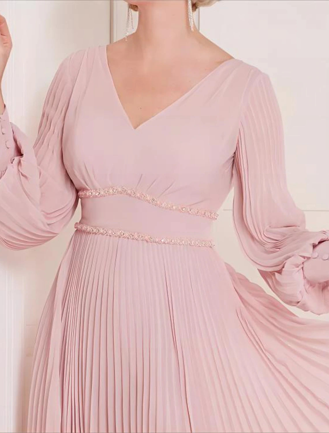 A-Linien-Kleid für die Mutter der Braut, Kentucky-Derby-Kleid, formelle Hochzeitsgäste, elegant, U-Ausschnitt, V-Ausschnitt, knielang, Chiffon, lange Ärmel, mit Kristallen, Rüschen, einfarbig