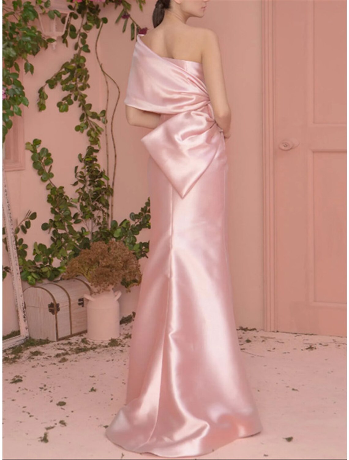 Meerjungfrau/Trompete Ballkleider Elegantes Kleid Verlobungskleid Formeller Abend Bodenlang Kurzarm Ein-Schulter Satin mit Schleife(n)