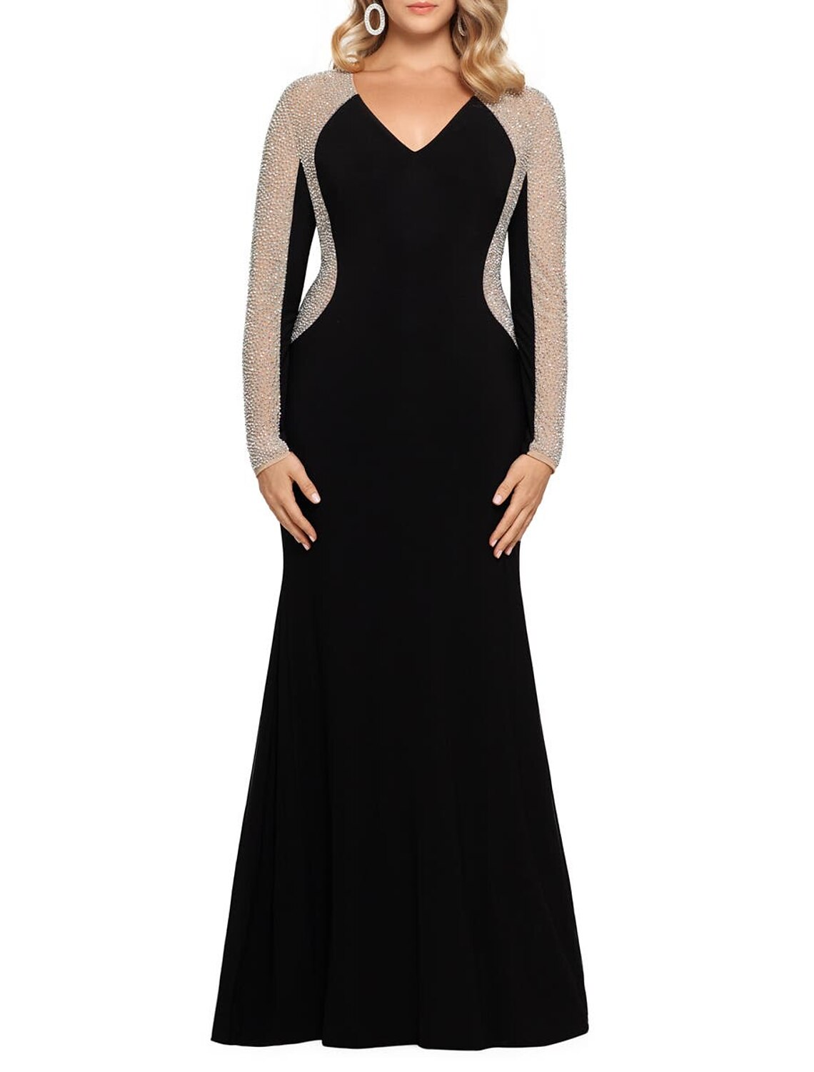 Mermaid / Trumpet Mother of the Bride Dress Wedding Guest Elegant Vintage Luxurious V Neck Floor Length Velvet Long Sleeve with Crystals