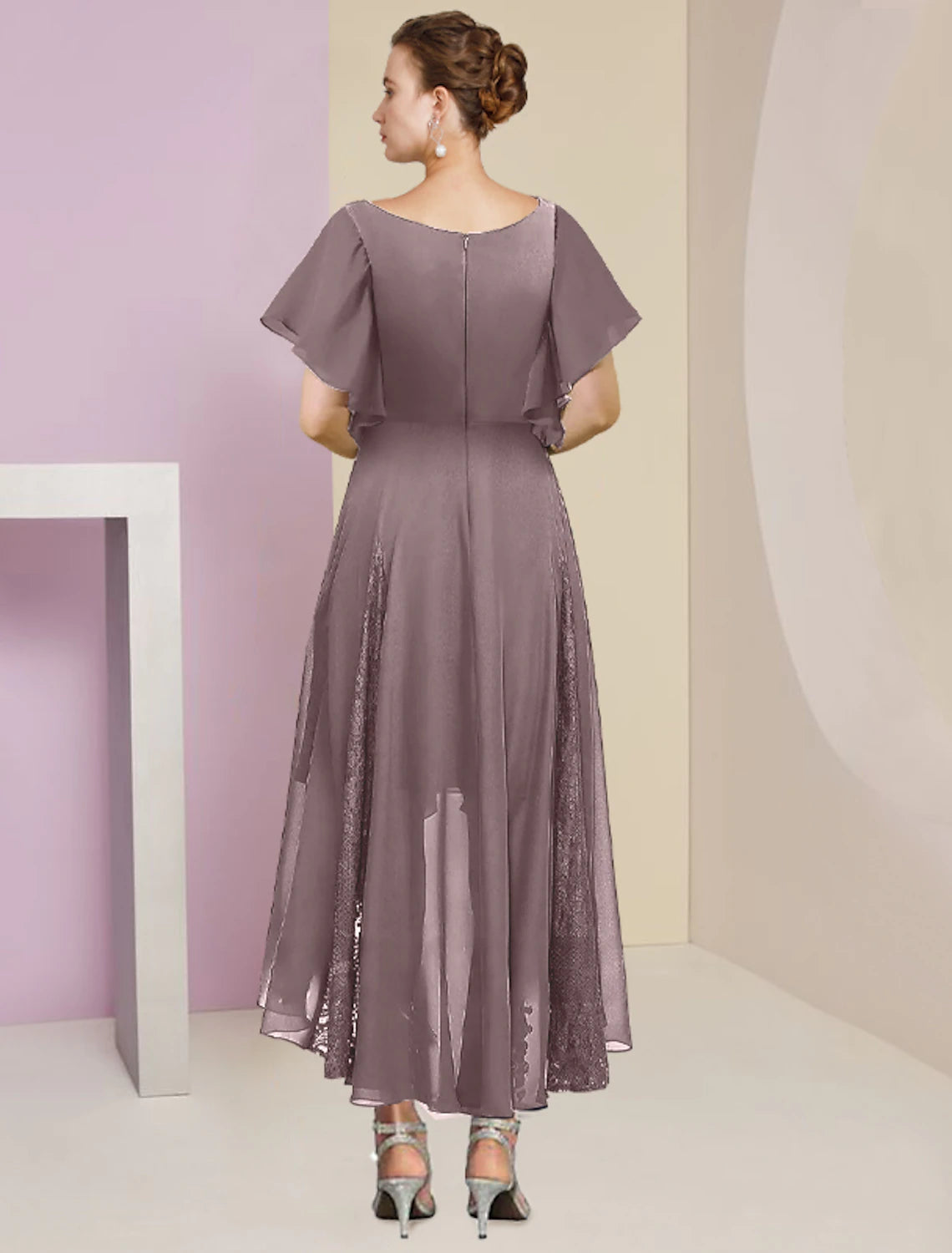 A-Linien-Kleid für die Mutter der Braut, formelle Hochzeitsgäste, elegant, V-Ausschnitt, knöchellang, Chiffon, Spitze, kurze Ärmel, mit Falten, Kristallbrosche