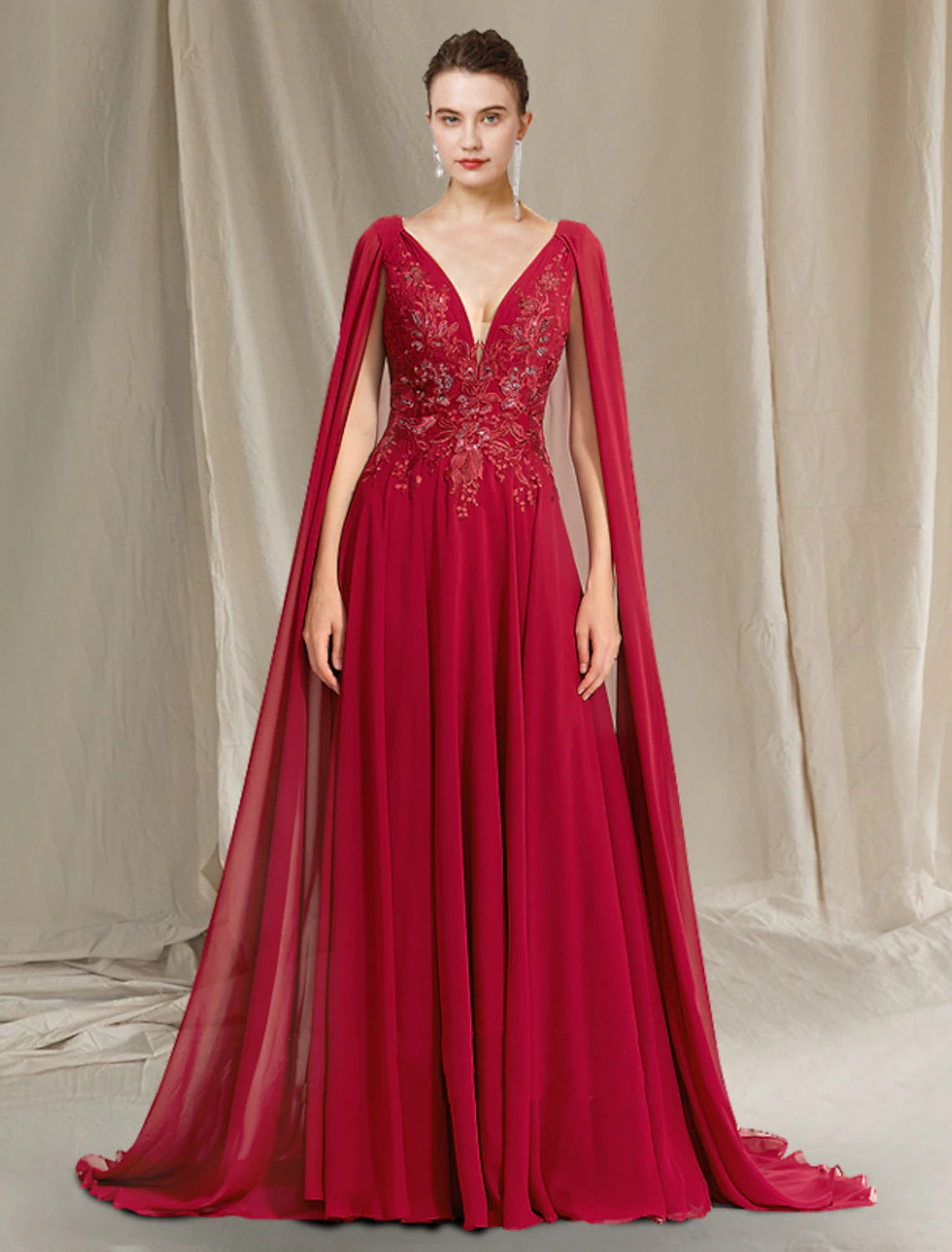 A-Linien-Kleid für die Brautmutter, elegant, Übergröße, V-Ausschnitt, Schleppe, Chiffon, Spitze, ärmellos, mit Falten, Pailletten-Applikationen