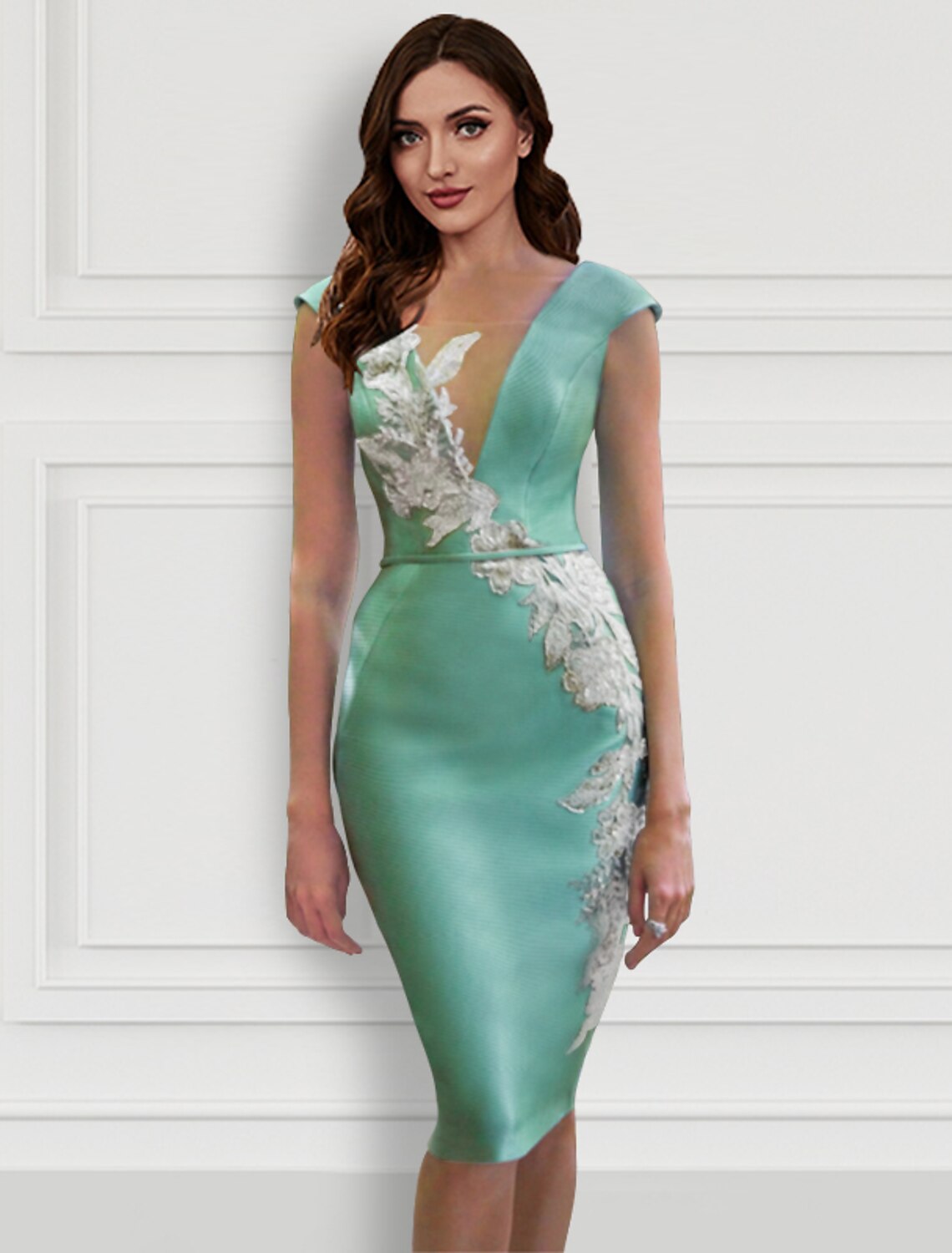 Robe de cocktail deux pièces à fleurs, robe formelle pour invité de mariage, longueur genou, manches longues, col en V, ceinture en satin avec applications