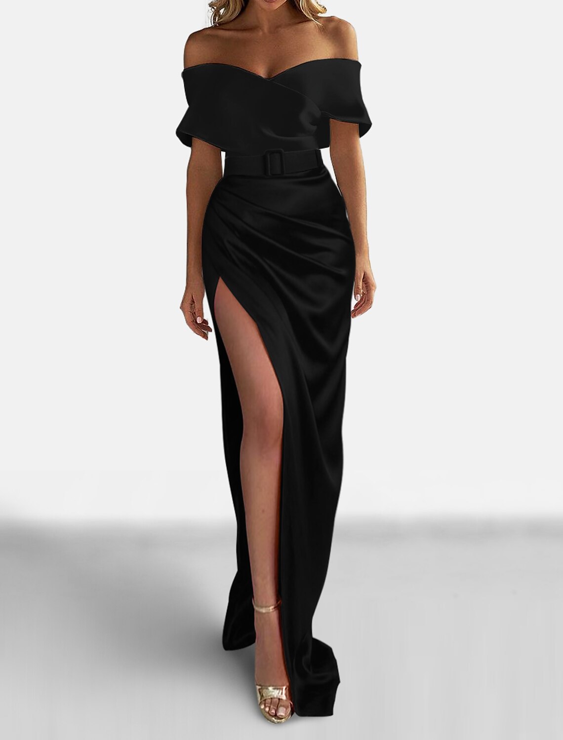 Etuikleid Abendkleid Elegantes Kleid Formal Sweep / Brush Train Rot Grün Kleid Kurzarm Off Shoulder Satin mit gerüschtem Schlitz