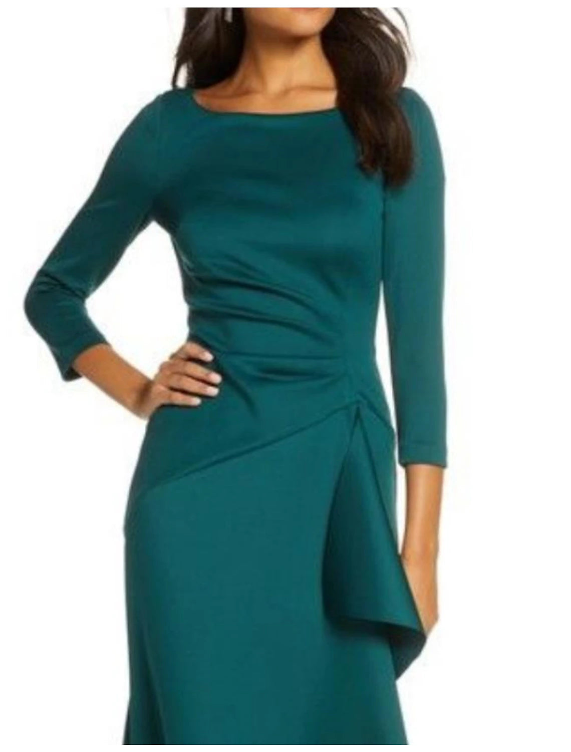 Etuikleid/Säulenkleid für die Brautmutter, Hochzeitsgast, elegante Party, U-Ausschnitt, knöchellang, Satin, Spitze, 3/4-Ärmel mit Rüschen