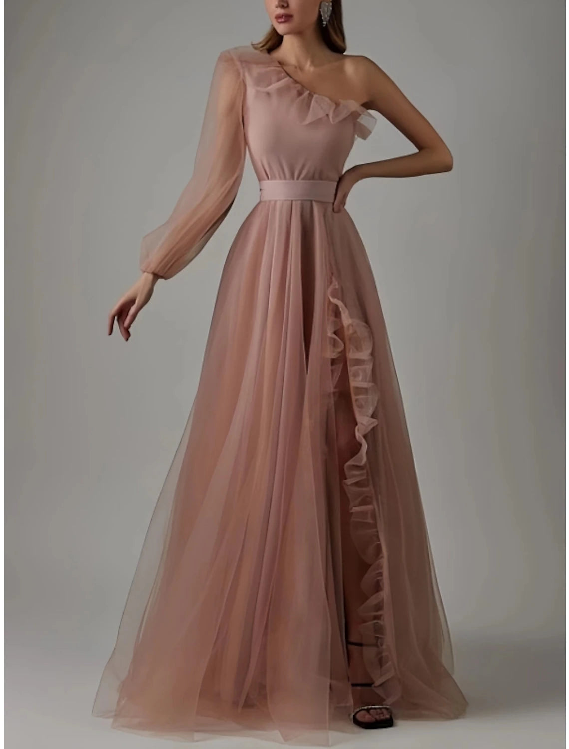 Etuikleid Partykleid Ballkleid Elegantes Kleid Abschlussball Geburtstag Bodenlang Langarm Ein Schulter Tüll mit Falten Rüschen Schlitz