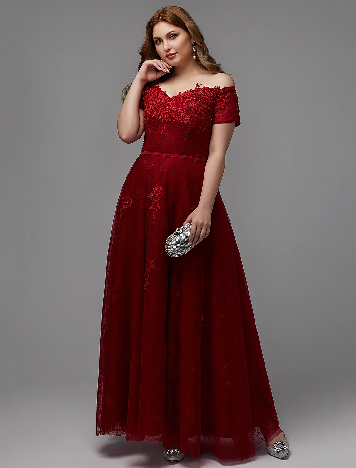 Robe trapèze grande taille pour invité de mariage, bal de promo, longueur au sol, manches courtes, épaules dénudées, dentelle, lacets avec appliques de perles