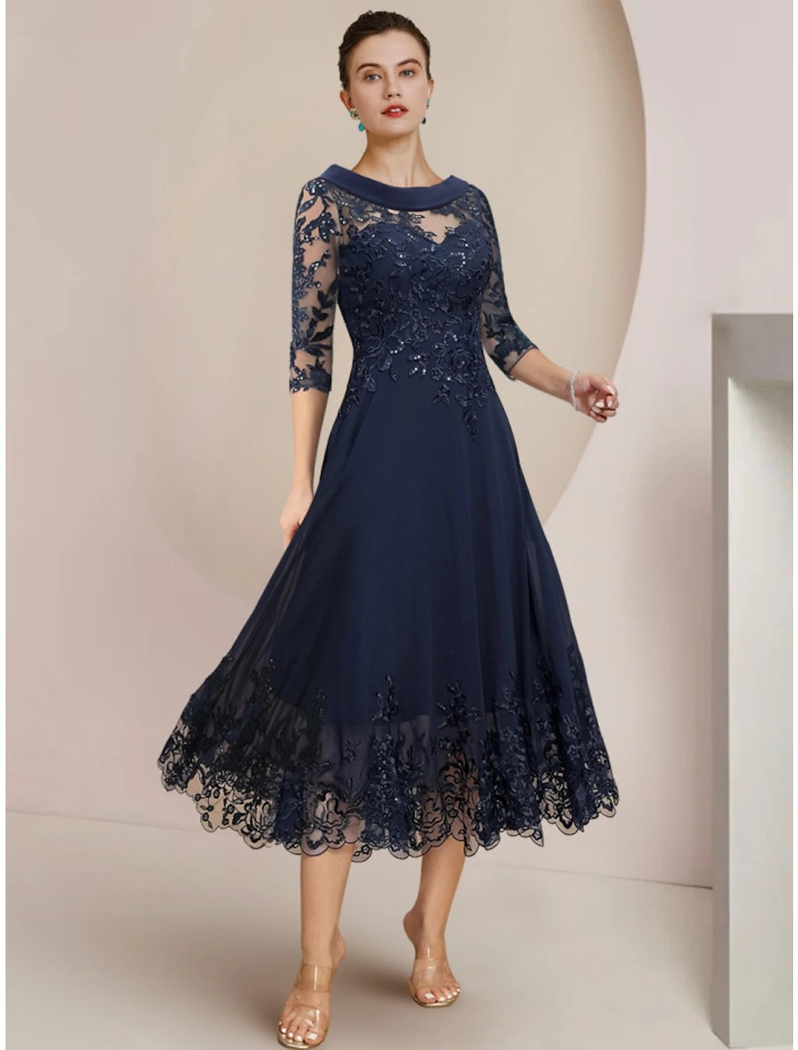 A-Linie Kleid für die Mutter der Braut, Hochzeitsgast, elegant, zierlich, U-Ausschnitt, teelang, Chiffon, Spitze, halbe Ärmel, mit Pailletten, Rüschen, einfarbig