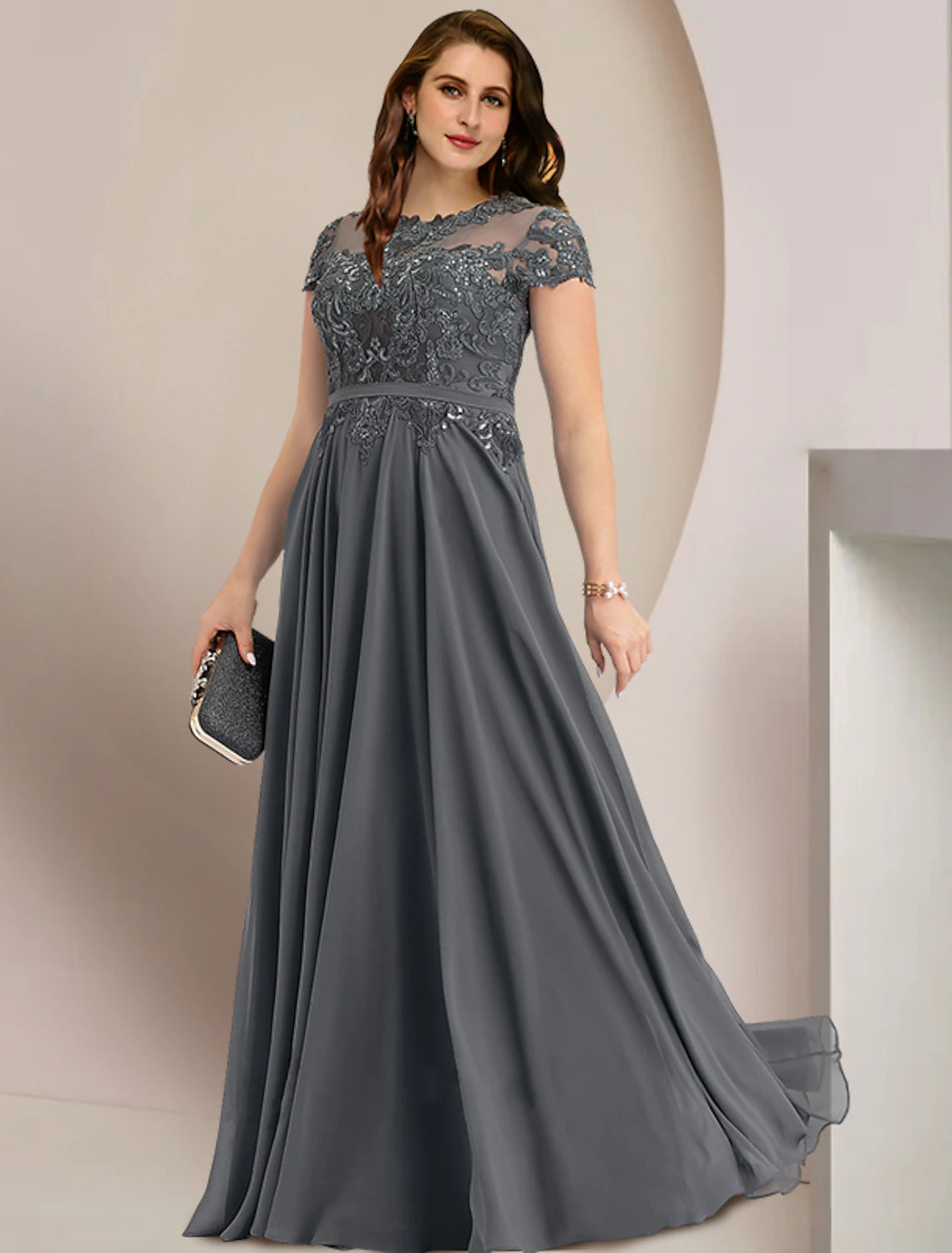 Plus Size Curve Kleid für die Brautmutter, Hochzeitsgast, elegant, Party, Rundhalsausschnitt, bodenlang, Chiffon, Spitze, kurze Ärmel mit Falten, Pailletten