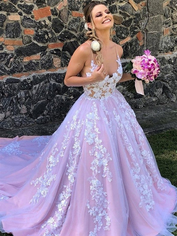 Robe de bal en dentelle avec appliques, col en V, sans manches, traîne courte