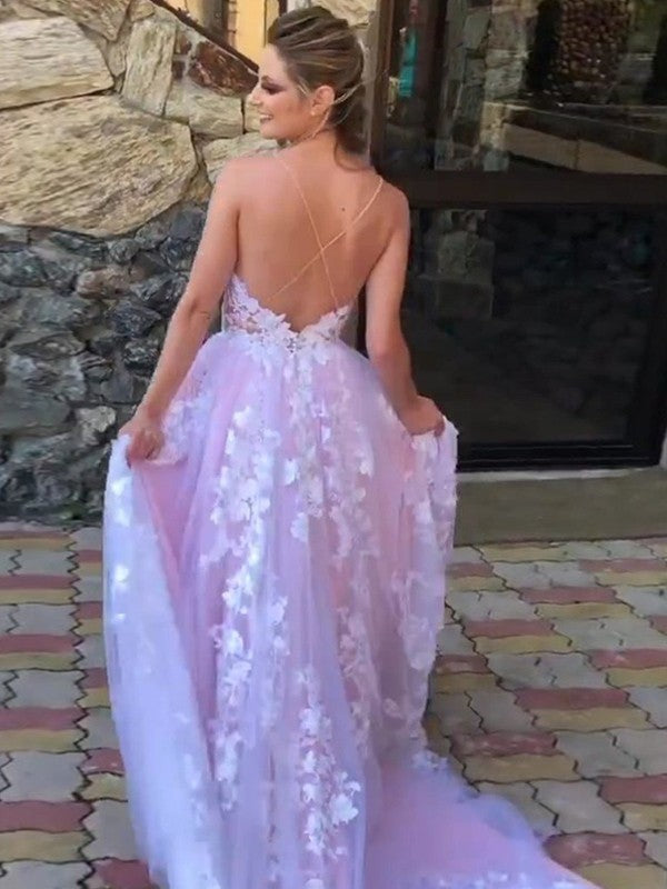 Robe de bal en dentelle avec appliques, col en V, sans manches, traîne courte