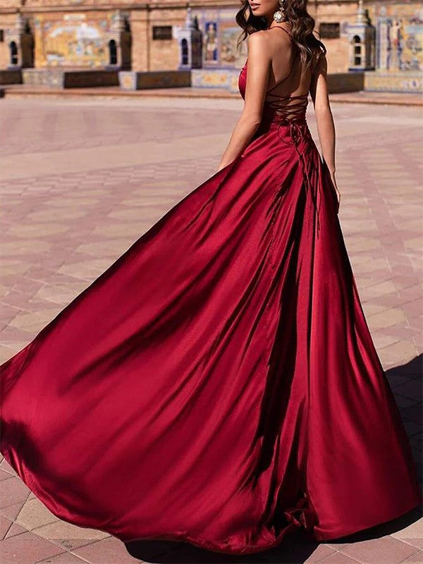 A-shaped princess  woven satin V-neck sleeveless and floor length dress
