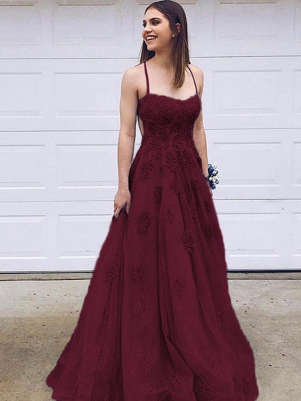 Robe trapèze/princesse en tulle avec appliques, bretelles spaghetti, sans manches, traîne courte