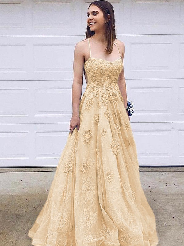 Robe trapèze/princesse en tulle avec appliques, bretelles spaghetti, sans manches, traîne courte