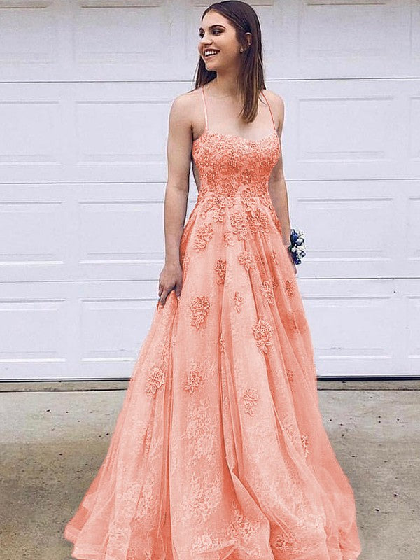 Robe trapèze/princesse en tulle avec appliques, bretelles spaghetti, sans manches, traîne courte