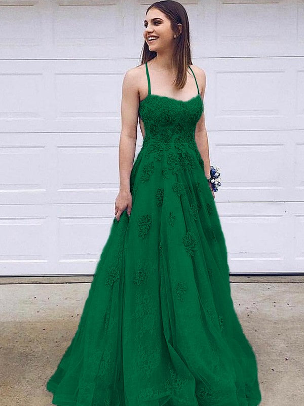Robe trapèze/princesse en tulle avec appliques, bretelles spaghetti, sans manches, traîne courte