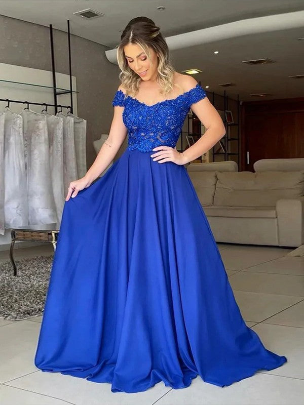 A-Line/Princess  Woven Satin Applique Off-the-Shoulder Sleeveless Sweep/Brush Train Dresses
